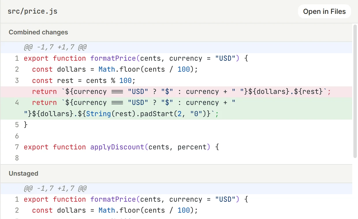 The Review tab showing the diff an agent made to src/price.js