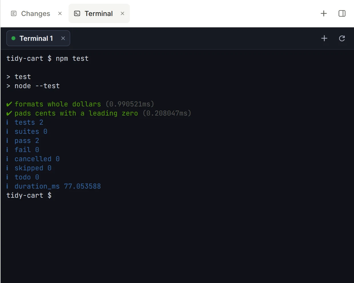 The integrated terminal running the test suite next to the thread